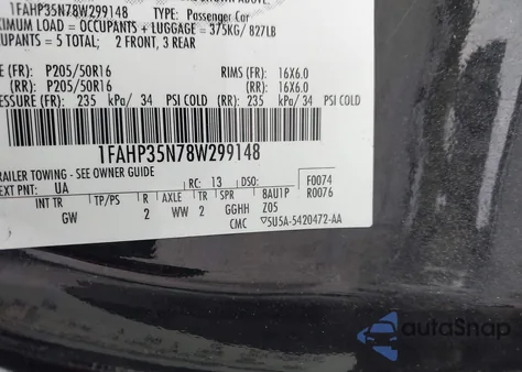 2008 Ford Focus Se/Sel/Ses from USA, damaged, VIN 1FAHP35N78W299148